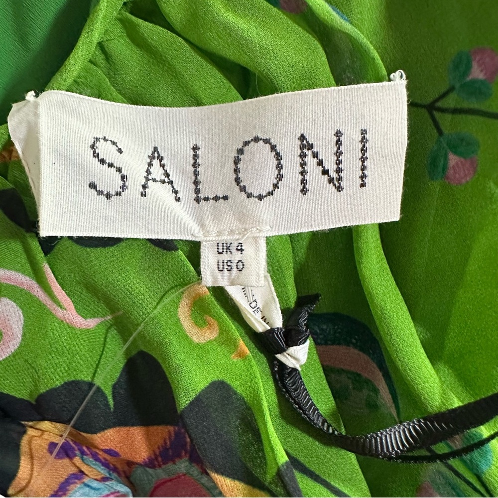Saloni Edie Emerald Green Halo Print Tassel Tie Shoulder Silk Maxi Dress 0 NWT - Picture 8 of 13